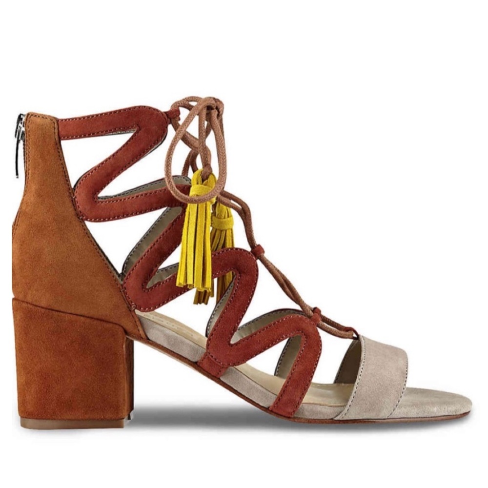 Marc Fisher Rays Lace Up gilly block heel sandal Taupe Brown Suede - Picture 2 of 6